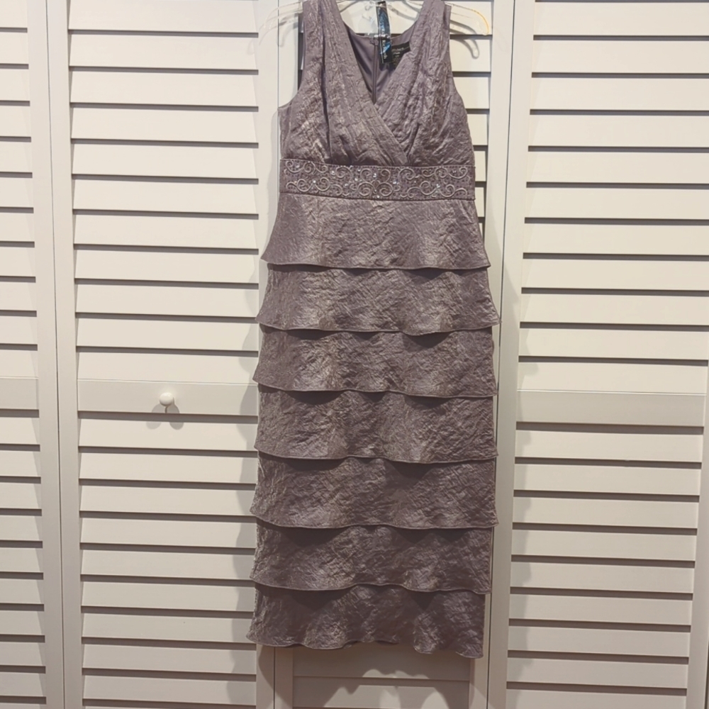 Sleeveless lavender full length multi-tier dress with sequin belt line